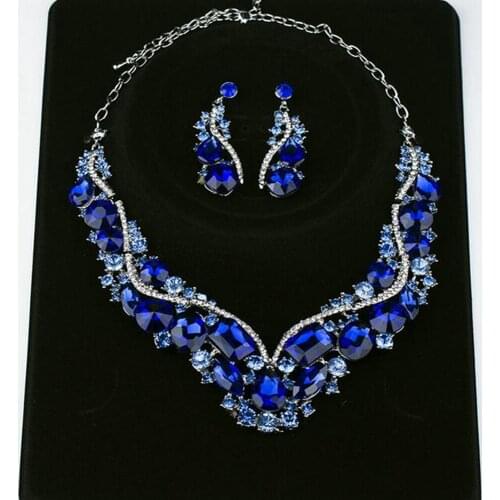 DiLiCa Gorgeous Jewelry Sets for Women Crystal Maxi Statement Necklace Chunky Necklace Earrings Set Party Jewelry Blue Color