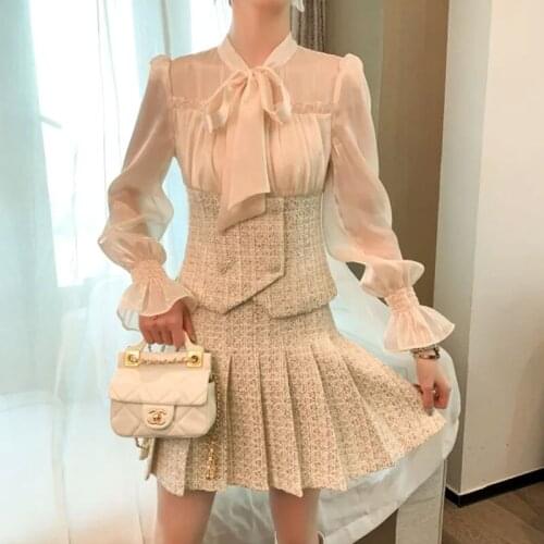 Elegant Casual Two-piece Womens Dress Hong Kong Style Retro Chic Fashion Top Autumn Dress 2021 New Half-length Skirt