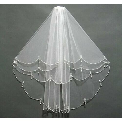 Ew 2 Layer White/Ivory Elbow Length Beads Edge Wedding Bridal Veil + Comb