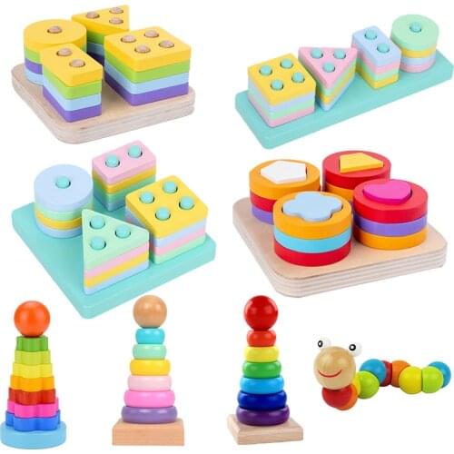 Montessori Toy Wooden Building Blocks Early Learning Educational Toys Color Shape Match Kids Puzzle Toys For Children Boys Girls