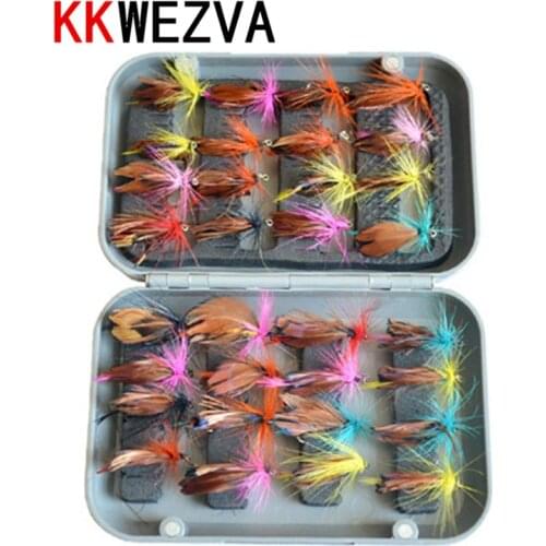KKWEZVA 32pcs with fly box fly fishing lure set Artificial bait trout fly fishing lures fishing hooks tackle Insect bait