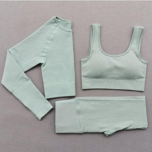 New Women Seamless Yoga Sets Running Gym Leggings Sports Bra Long Sleeve Crop Top High Waist Fitness Sports Suit Workout Clothes