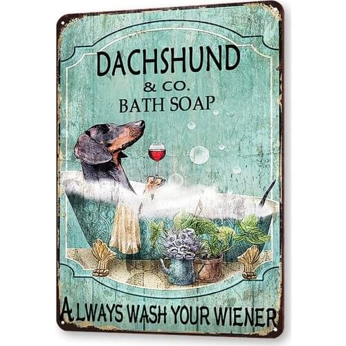 Dachshund & Co. Bath Soap Tin Sign Wash Your Wiener Metal Sign Vintage Bar Home Bathroom Wall Decoration Sign
