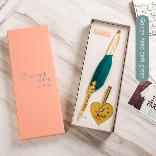 English Calligraphy Feather Dip Pen Set Vintage Retro Writing Fountain Pen with Heart Shaped Pen Holder Stand for Wedding Gift