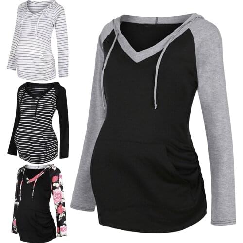 Pregnancy clothes clothes for pregnant women Women Maternity Striped Print Long Sleeve V-neck Hoodie Sweatshirts Top Pregnant
