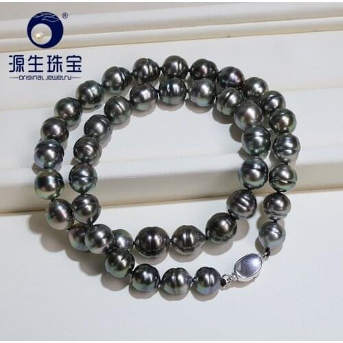 [YS] 8.5-11.5mm Black Green Natural Cultured Tahitian Saltwater Pearl Necklace