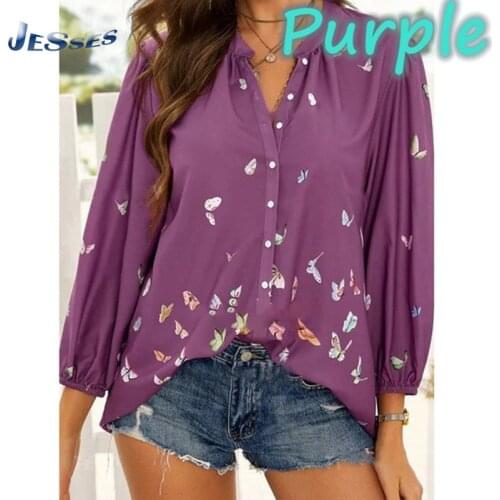 Casual Butterfly Printed Lapel Shirt Ladies Single-breasted Button Plus Size Top Hot Selling Loose Shirts Oversize Elegant Blusa