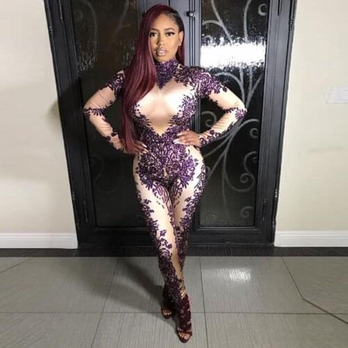 Purple Sparkly Crystal Bodysuit Sexy Leggings Jumpsuit Femal Dance Costume Performance Stage Wear Female Singer Rhinestone Dress