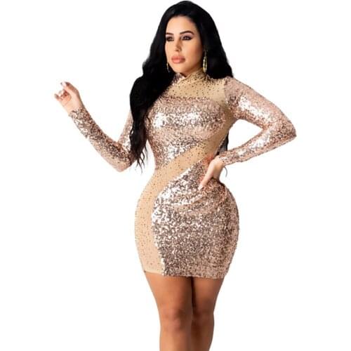 Sexy Sheer Mesh Black Gold Sequin Dress Women Elegant Long Sleeve Night Club Mini Dress Vestidos Sparkly Bodycon Party Dresses