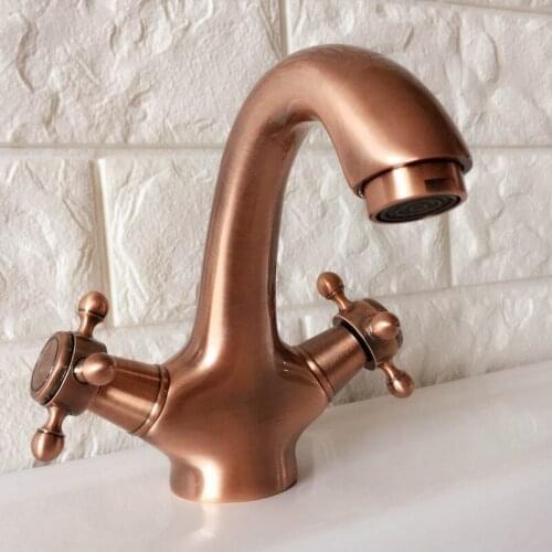 Antique Red Copper Bathroom Basin Faucets Single Hole Basin Mixer Hot Cold Mixer Tap Double Handles