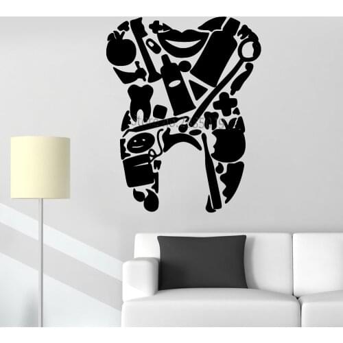 Dental Tools Tooth Shape Vinyl Decals Dentist Office Wall Decor Murals Art Teeth Wall Stickers Removable Adesivo De Parede LC867