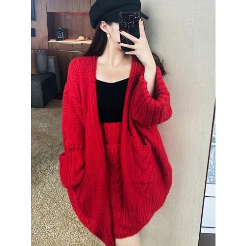 Autumn Winter 2019 Sweater Sets Twist Thick Medium-long Cardigan + Stretch Waist Mini Skirt Red Knitted Plus Size Suits