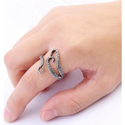 Vintage silver Carved Octopus Adjustable Open Ended Finger Ring for women men Jewelry Decor Gifts
