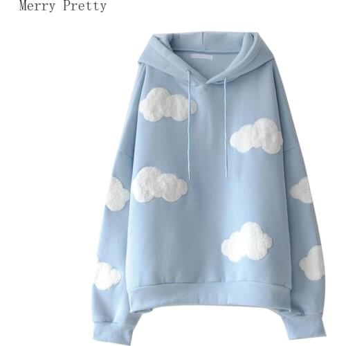 Blue Clouds Fleece Hooded Sweatshirt Women 2020 Winter Long Sleeve Casual Drawstring Warm Hoodies Female Harajuku Tops