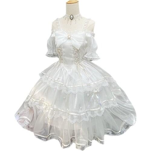 White Oganza Fabric Bride Theme Summer Womens Lolita Short Sleeve Dress Big Bow Gorgerous Cute Girl One Piece