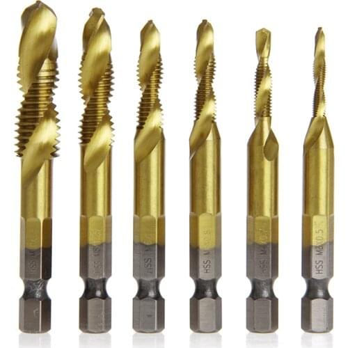 6 Pcs/Set HSS4241 Titanium Coated Drill Bits Hex Shank Spiral Tap M3-M10
