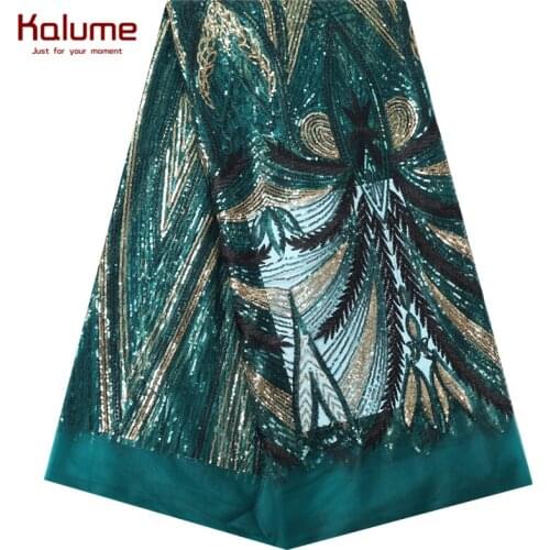 Kalume Sequins African Lace Fabric Green Nigerian Tulle Lace Fabric With Sequins French Mesh Lace Fabric For Wedding Dress F2188