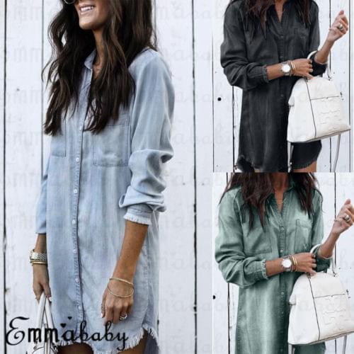 Elegant Sexy Women Casual V Neck Blouse Tassel Denim Long Sleeves Top Ladies Tunic Shirt Long Shirts Streetwear Plus Size