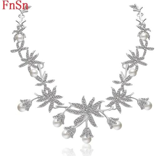 FnSn New 2017 Hot Crystal Choker Necklace Simulated Pearl Women Zinc Alloy Crystal Women Gift Fashion Plant Jewelry Collier N100