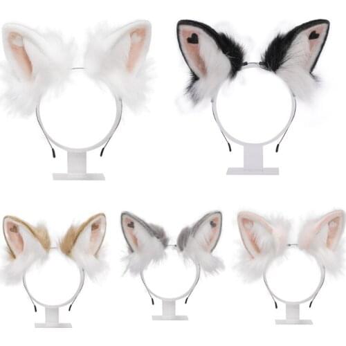Lolita Headbands Furry Rabbit Cat Ears Headwear with Heart Kawaii Animal Hair Hoop for Cosplay Headpiece Party Supplies