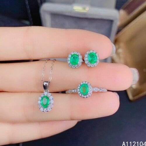KJJEAXCMY fine jewelry 925 sterling silver natural emerald women fresh popular flower earrings gem ring pendant suit support det