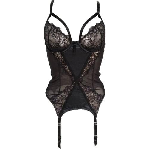 Black Gauze Lace Flower Women Gothic Sexy Bustier with Belts for Female Underwear Metal Clips Waist Trainer Corset SH015