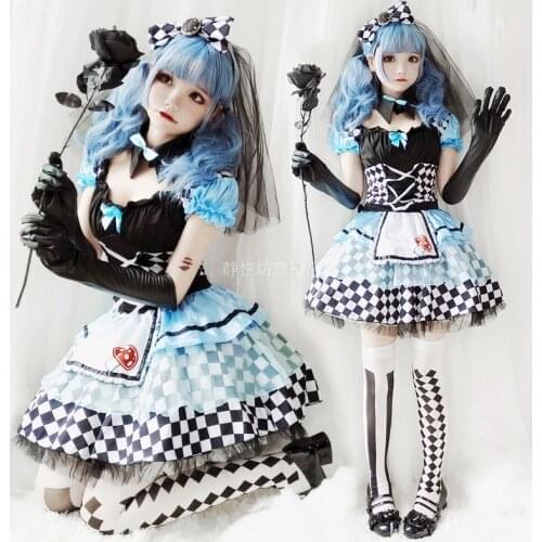 Halloween Woman Maid Vampire Black White Lattice Costume Kawayi Lolita Pompous Dress Cosplay Princess Costume Suits