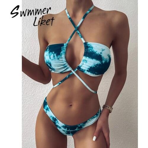 Tie-dye swimsuit women High cut swimwear female Bandeau bikini 2020 Lace up bathing suit Sexy 2 piece suit swim suit biquini new