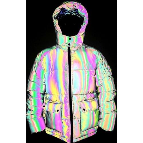SEVEYFAN Mens Colorful 3M Reflective Down Cotton Jacket Winter Multi Pockets Thick Warm Hooded Coat Streetwear Parka for Couple