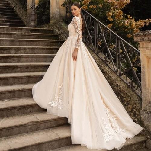 Lceland Poppy Womens A Line Lace Appliques Wedding Dresses Full Sleeves Floor Length Tulle Bridal Gowns Vestido de Noiva