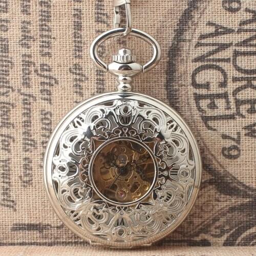 10pcs/lot Steampunk Silver Hollowed skeleton Mechanical Pocket Watch Roman Dial Flip Women Men Pocket Watches with Chain