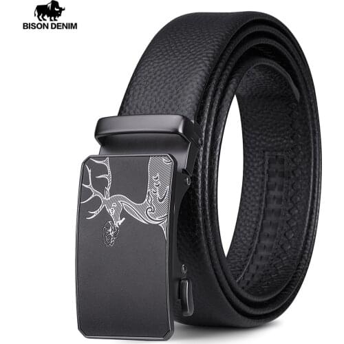 BISON DENIM Genuine Leather Men Belts Metal Automatic Buckle Brand High Quality Leather Belts for Men Famous Brand Luxury Strap