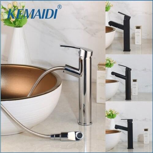 KEMAIDI New Bath Basin Faucet Pull Out Mixer Chrome Faucet Black Sink Mixer Tap Vanity Hot Cold Water Bathroom Faucets