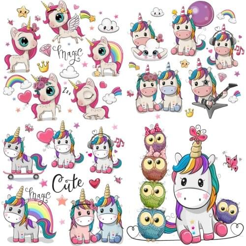 Prajna Cute Unicorn Patch Heat Transfers Vinyl For Clothing Cartoon Iron On Patches Thermal Stickers On Clothes DIY Appliques