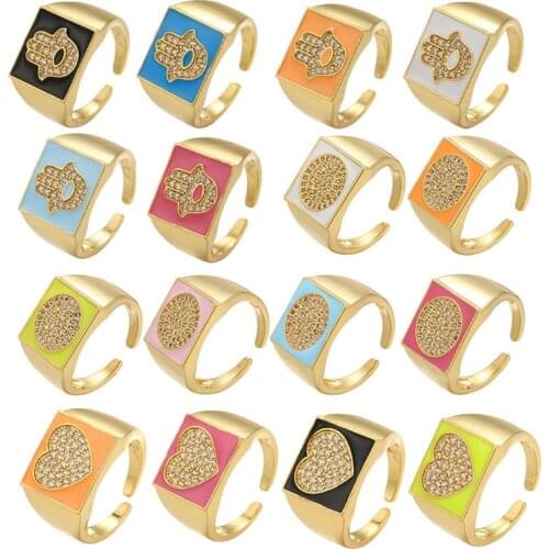 QMHJE Enamel Smile Hand Heart Men Women Ring Signet Square CZ Neon Purple CZ Gold Color Cuff Lady Wedding Engagement Adjustable