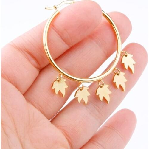 Hgflyxu Gold Color Stainless Steel Hoop Earring Hanging Leaf For Women Ear Jewelry High Quality Birthday Gifts NEW