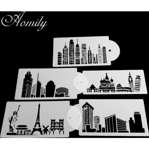 Aomily 5pcs/Set Buildings Cake Stencils Cookies Mousse MoldCoffee Cappuccino Template Baking Sugarcraft Cake Decorating Tools