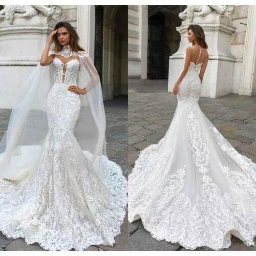 Gorgeous Mermaid Lace Wedding Dresses With Cape Sheer Plunging Neck Bohemian Wedding Gown Appliqued Plus Size Bridal Vestidos