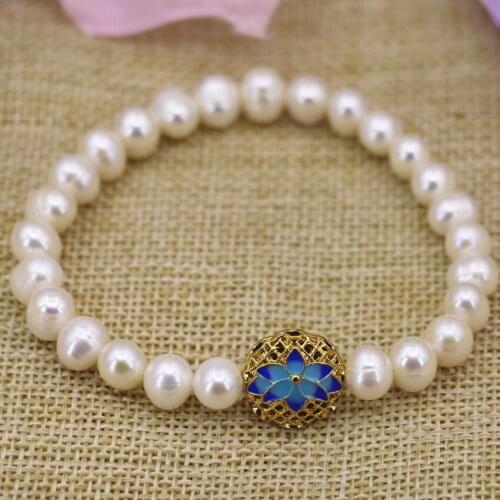 High quality fashion natural white pearl beads 7-8mm strand bracelets for women gold-color cloisonne jewelry 7.5inch B3084