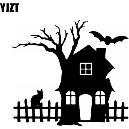 YJZT 15.2CM*13.7CM SPOOKY HOUSE TREE CAR STICKER VINYL DECAL ART SCARY CAT BAT Black Silver C10-02434