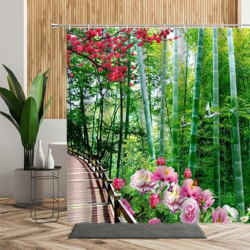 Spring Outdoor Scenery Shower Curtain Bamboo Butterfly Flowers Bathroom Decoration Bathtub screen Waterproof Fabric Bath Curtain