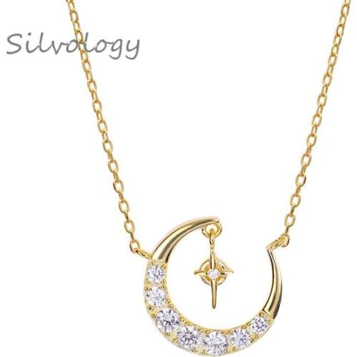 Silvology 925 Sterling Silver Creative Moon Zircon Pendant Necklace Gold Fashion Elegant 925 Female Necklace Friendship Jewelry