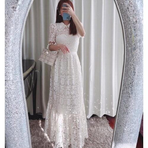 Runway Blue Lace Floral Maxi Dress Long Sleeve Vestidos De Festa Backless Womens Long Dresses Flower Embroidery Party Dresses