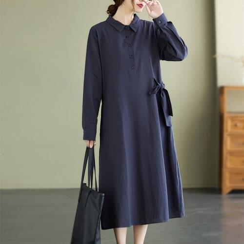2021 New Arrival Korea Style Fashion Chic Blouse Autumn Dress Cotton Linen Bow Bandage Office Lady Work Dress Women Spring Dress
