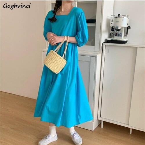 Short Sleeve Dress Women Solid Simple Korean Style All-match Retro Elegant Ulzzang Square Collar Pleated Loose Fashion Spliced