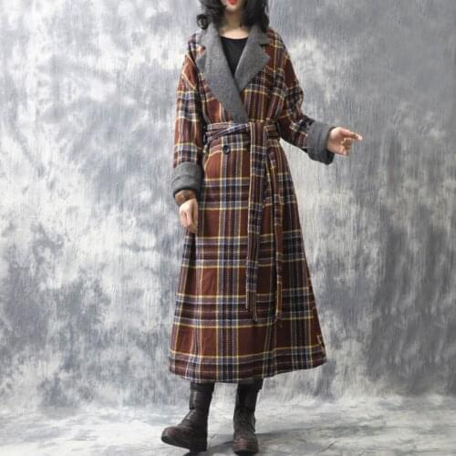 Women Winter Woolen Coat Plaid Patchwork Loose Long Coat Outerwear Ladies Fashion Plaid Coat Overcoat Female Topcoat 2019