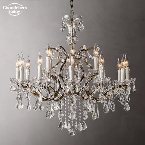 19th C. Rococo Iron & Crystal Round Chandelier Retro Candle Chandeliers Brass Pendant Lamp Hanging Light for Dining Room