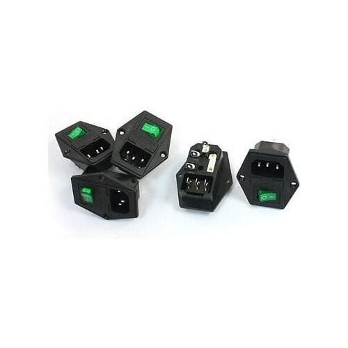 5Pcs Green Pilot Lamp 3P Rocker Switch Fuse Holder IEC320 C14 Inlet Power Socket