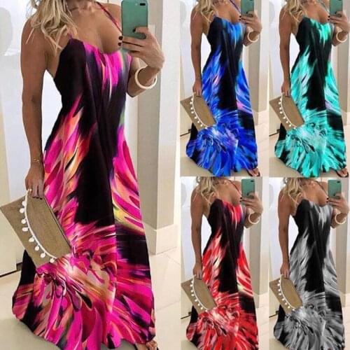 Abstract Print Dress Beach Big Swing Long Ombre Dress Spaghetti Straps Sleeveless Sukienka Holiday Plus Size 4xl 5xl Dress Women