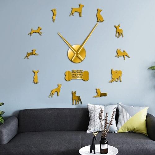 Frameless Toy FOX Terrier Dog Silhouette Icon 3D DIY Wall Clock Russian Toy Terrier Mirror Effect DIY Wall Art Decor Clock Watch